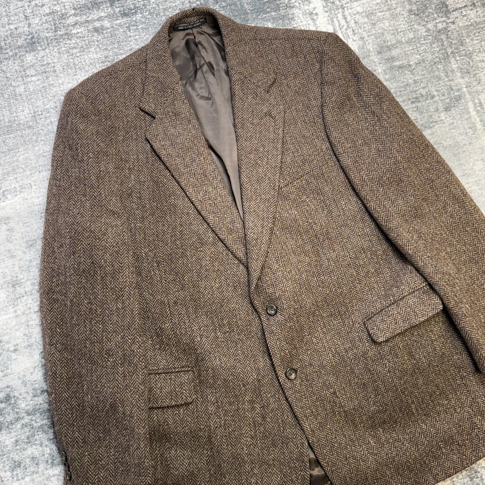 VTG Harris Tweed Blazer Jacket Mens 48 XL Brown Herringbone Wool Sport Coat Ivy